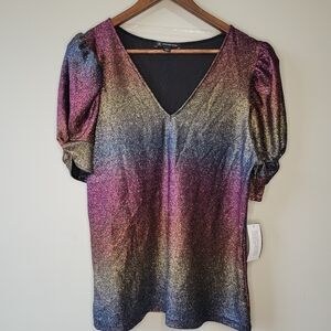 INC International Concepts Women's Rainbow Metallic Shine Puff Sleeve Sz L NWT
